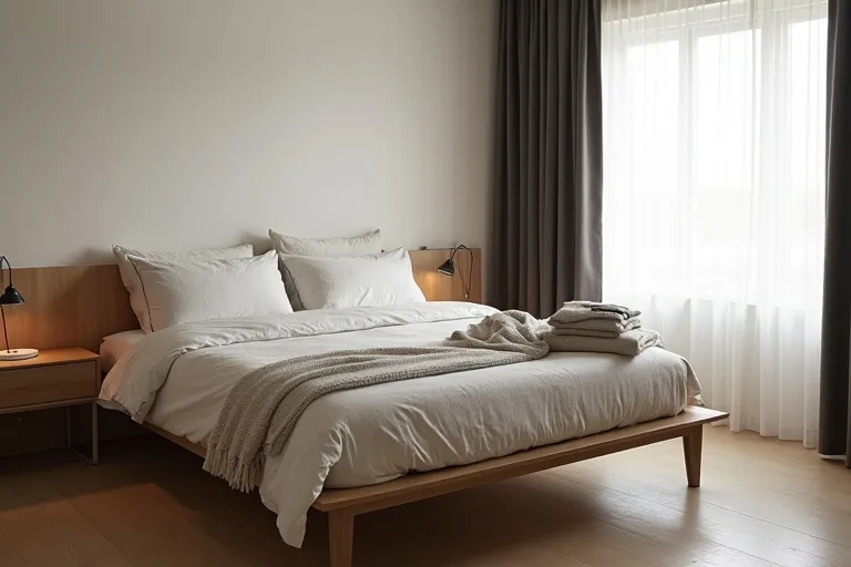 A bedroom with a simple, budget-friendly layout refresh and calm neutral bedding