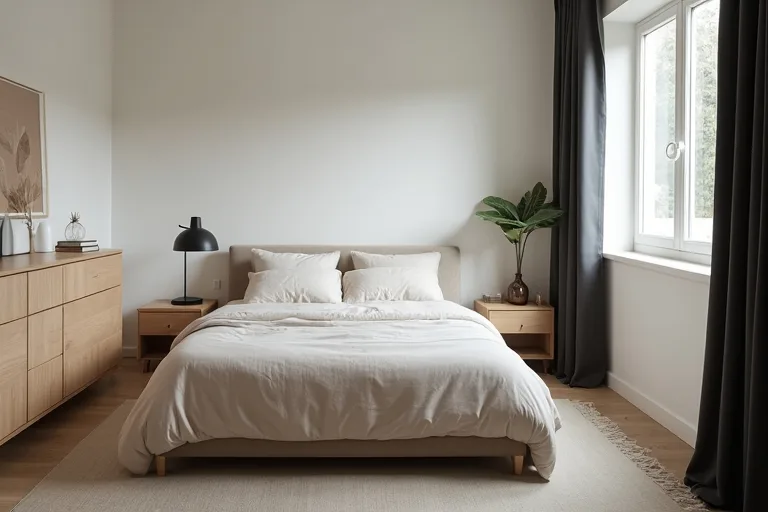 A medium-sized bedroom viewed as a planning space, with clear walls and furniture positioned to support easy flow.