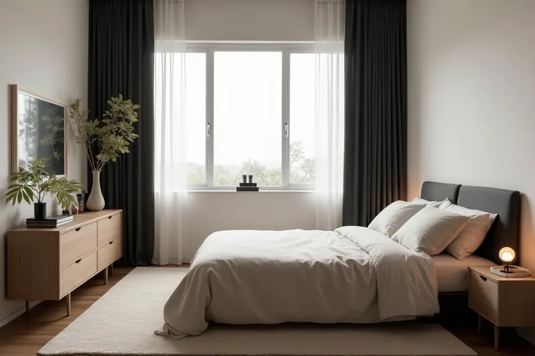 A bedroom layout with the bed positioned to preserve clear access and a simple circulation path around the room.