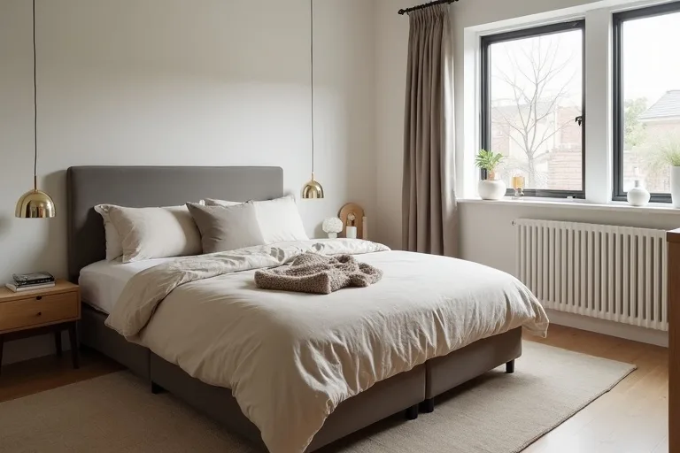 A calm, practical bedroom with neutral bedding and blackout curtains showing a simple layout refresh