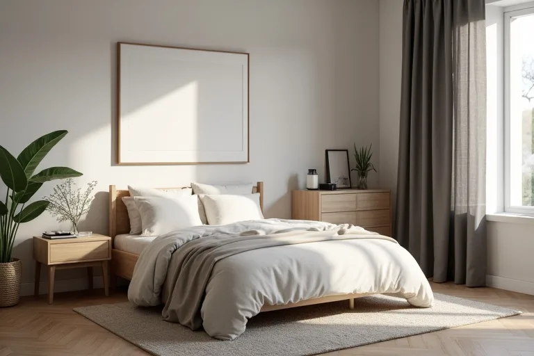 A neatly made bed with neutral bedding and blackout curtains that suit a practical bedroom layout.