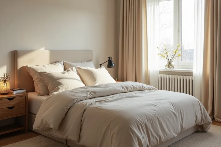 A finished cozy bedroom with warm lighting, well-proportioned curtains, and simple styling details