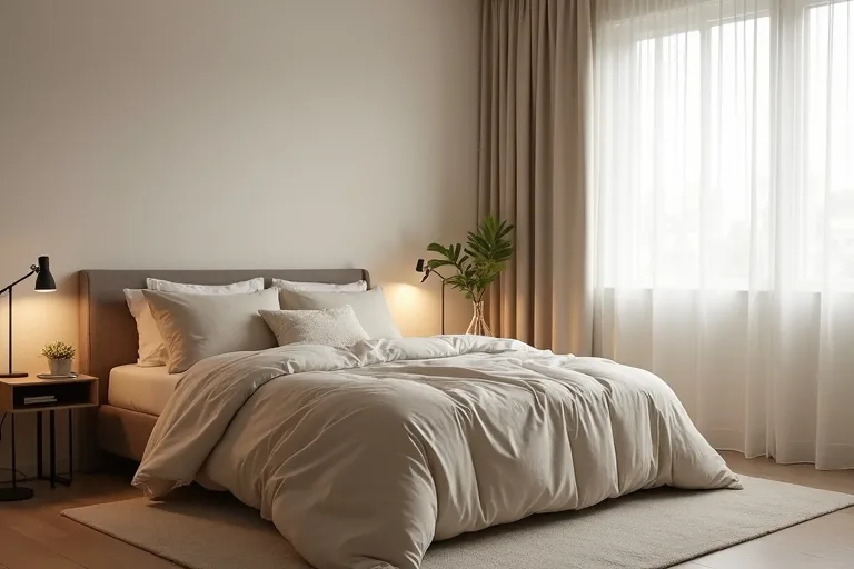 Neutral bedding layered simply to create a soft and restful bedroom look