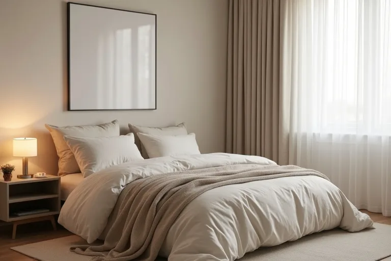 A cozy bedroom that feels calm because the bed, furniture, and window treatments are balanced
