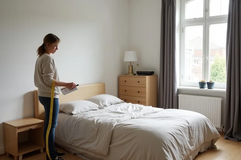 A tidy bedroom with a bed, dresser, and bedside table arranged to show practical furniture planning.