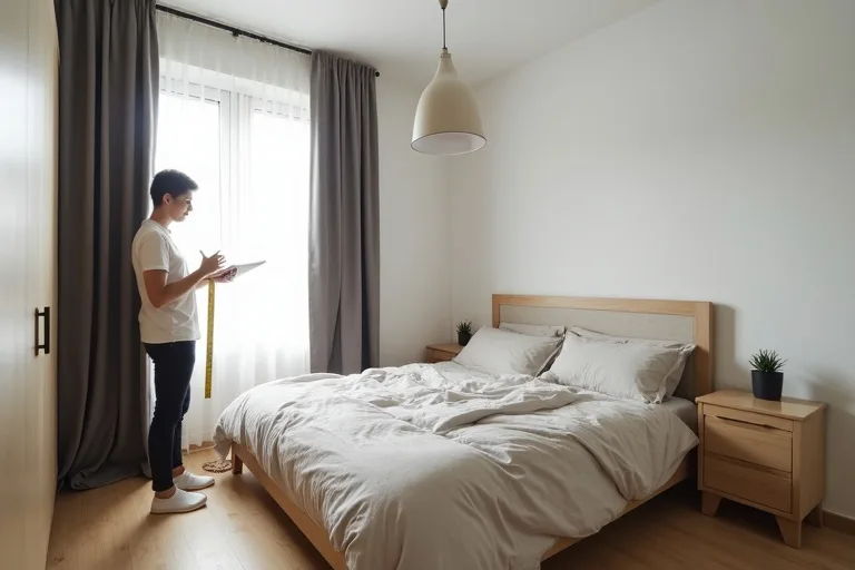 A calm neutral bedroom with a person measuring the space before rearranging furniture or buying new pieces.