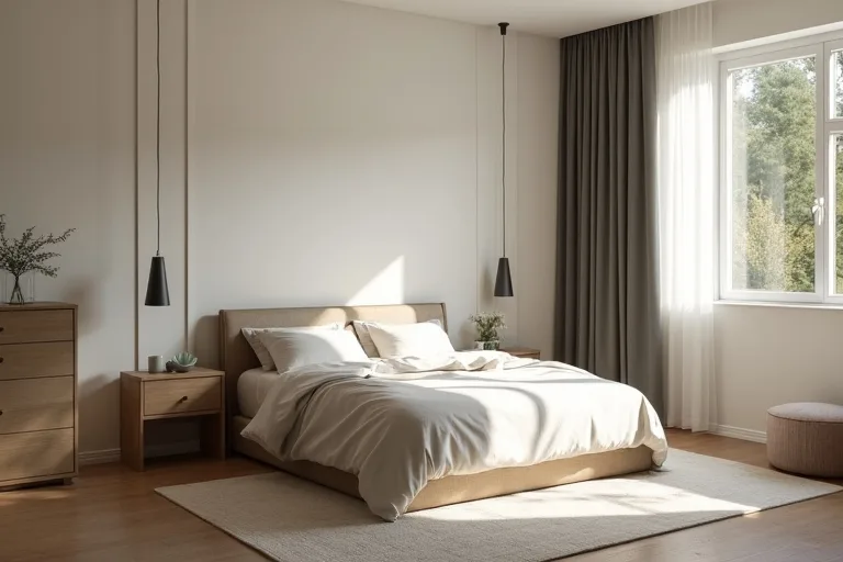 A tidy bedroom with furniture placed to preserve access to doors and storage.