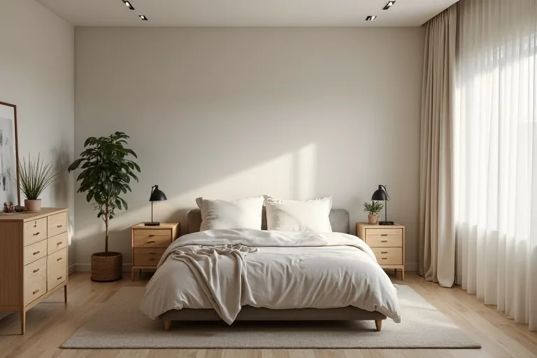 A softly styled bedroom showing neutral bedding and curtains that suit the room plan.