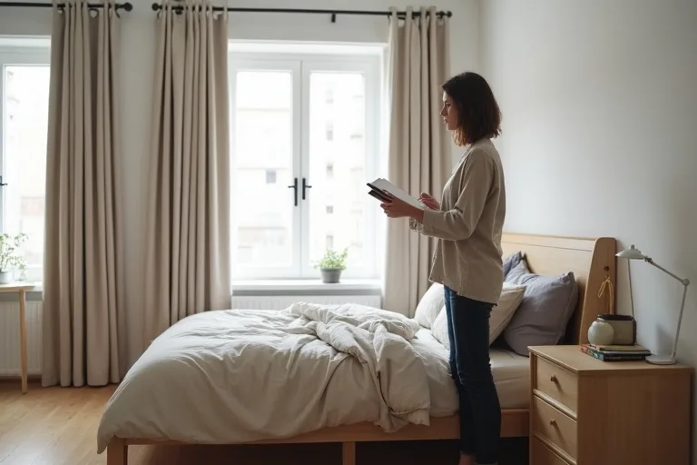 A calm bedroom scene showing a dresser, bed, and blackout curtains in a practical finished layout.
