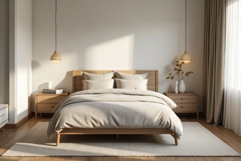 A bedroom layout with clear walking paths beside the bed and balanced furniture placement.