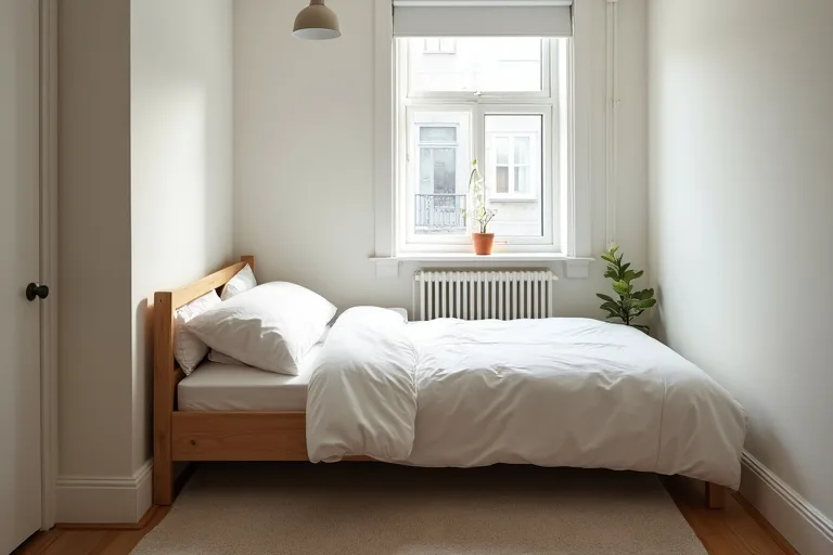 Compact bed and bedside setup showing a small bedroom with enough room to move comfortably