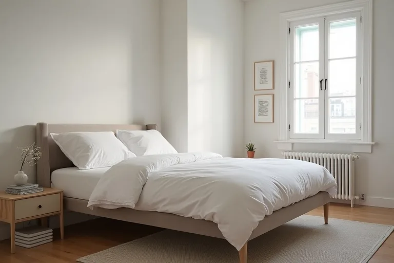 Under-bed storage and compact bedside furniture in a small bedroom with a tidy, low-clutter feel