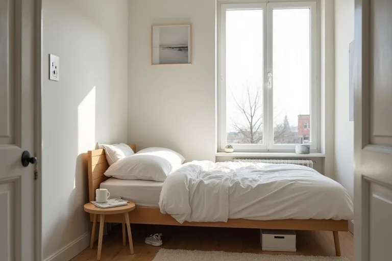Small bedroom layout with clear wall space and practical placement for furniture and outlets