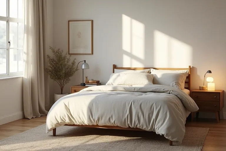A cozy bedroom with layered neutral bedding, warm lamp light, and simple budget-friendly styling
