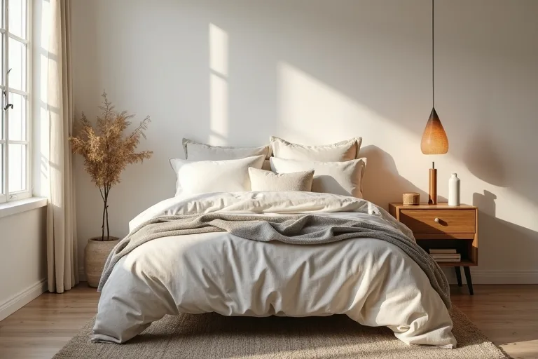 A neutral bedroom showing balanced furniture scale, bedding, and window treatment