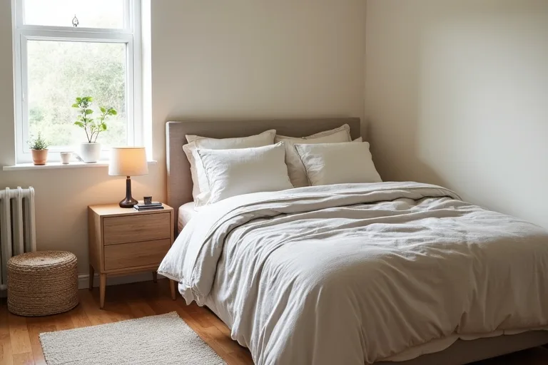 A practical cozy bedroom layout with a neatly made bed and simple bedside table