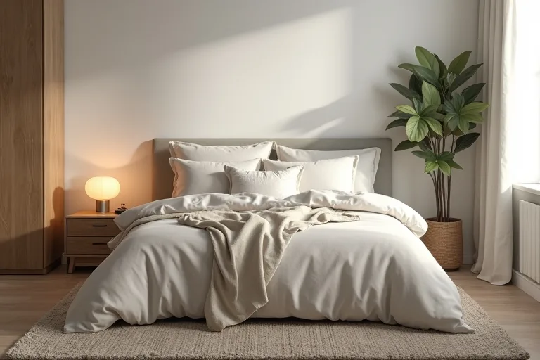 A cozy neutral bedroom with layered bedding, soft lighting, and simple decor
