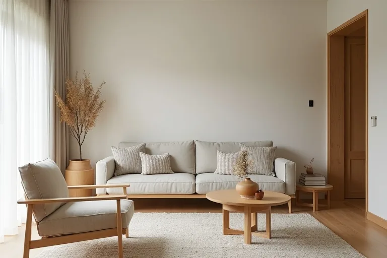 A calm Japandi interior styled with minimal wall art, soft textiles, and natural light