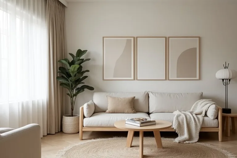 Tailored Japandi interior with balanced storage, soft natural light, and minimal styling