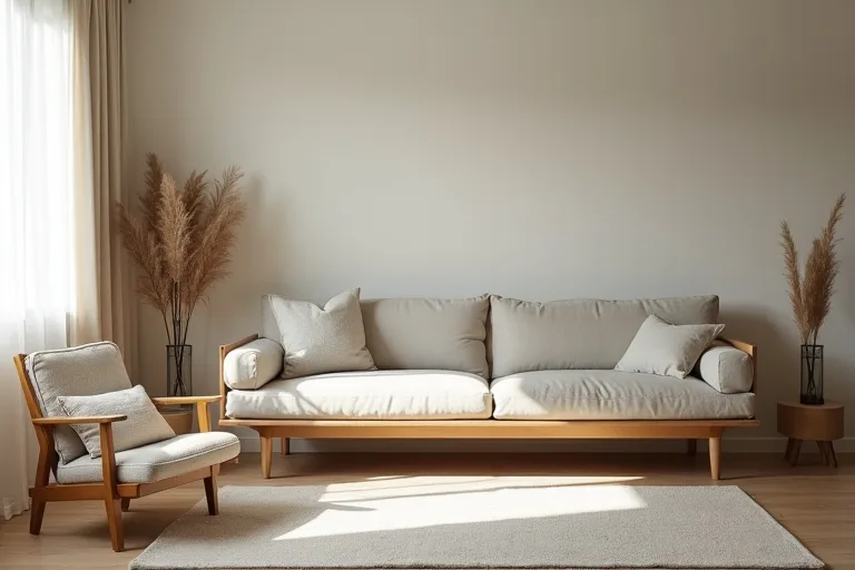 Japandi room details with natural wood, linen textures, and simple ceramic decor