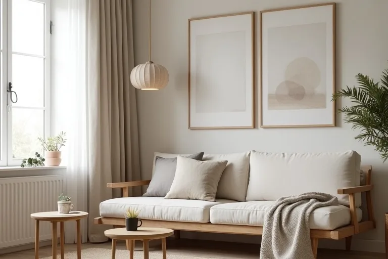 Japandi room detail with neutral curtains, framed wall art, and understated natural textures