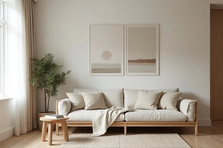 Calm Japandi living room corner with neutral linen curtains, abstract wall art, and light wood furniture