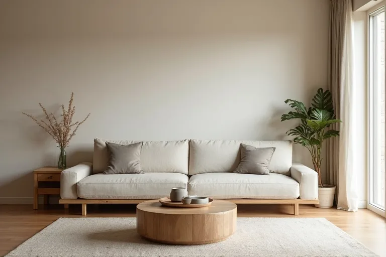 A minimalist Japandi sitting area with low furniture, natural textures, and calm neutral tones