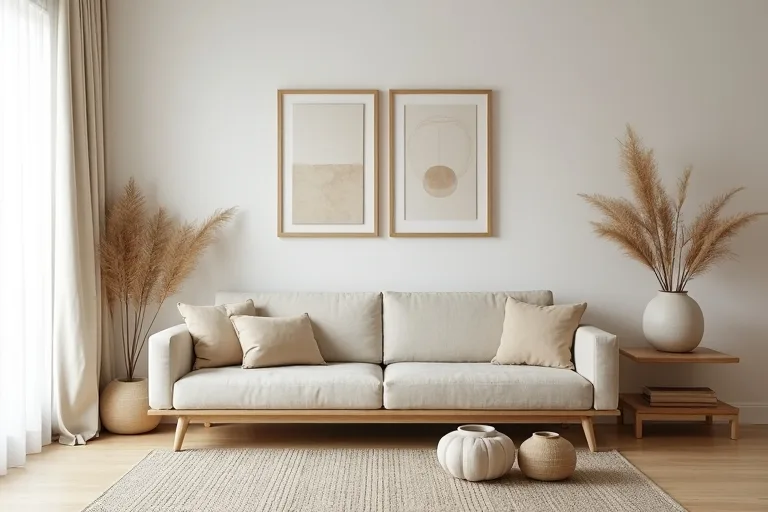 A calm Japandi-style living room with warm neutrals, linen curtains, simple furniture, and neutral abstract wall art.