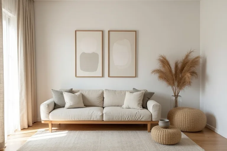 Natural materials and warm neutrals used in a calm Japandi interior.