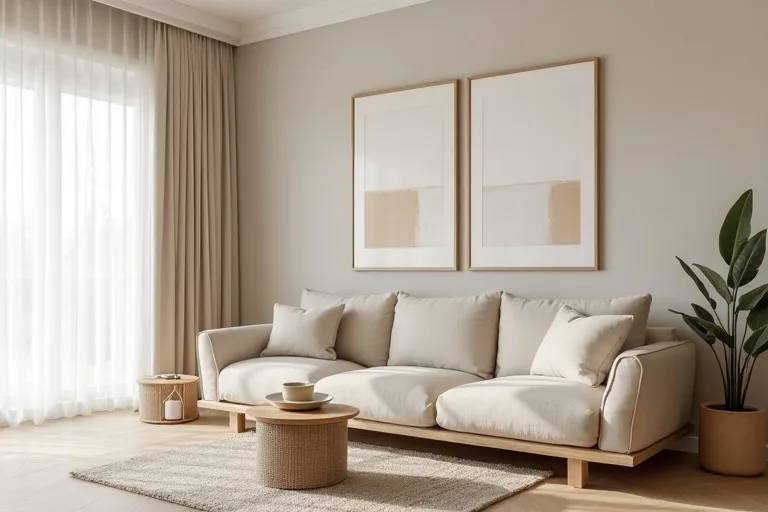 Calm Japandi-inspired living room with linen curtains, light oak furniture, and neutral abstract wall art