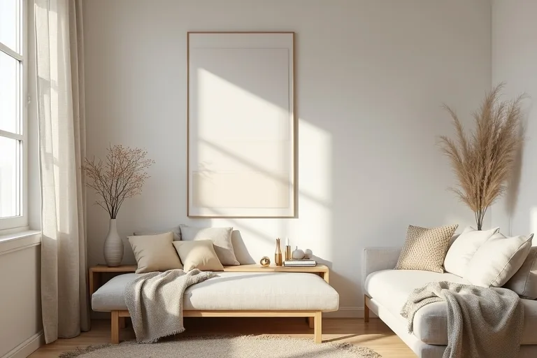 A minimalist Scandinavian bedroom with soft neutrals, simple layers, and a practical calm layout