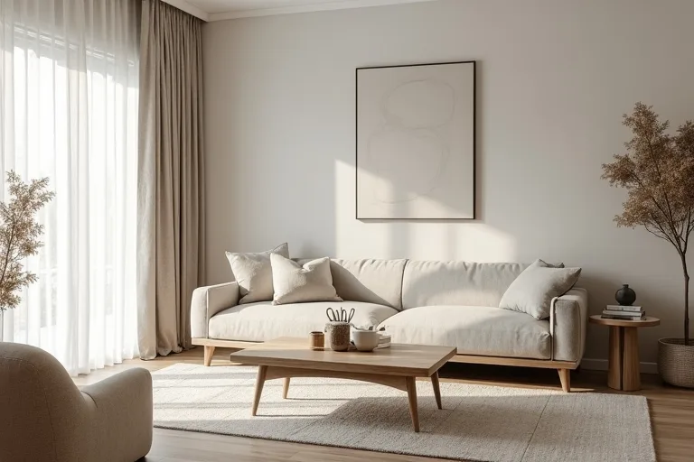 Calm Scandinavian living room with neutral linen curtains, abstract wall art, and light wood furniture in a lived-in home