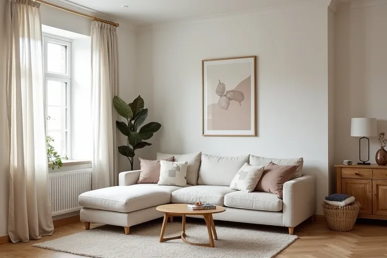 A bright Scandinavian interior with linen curtains and neutral wall art used as simple finishing details