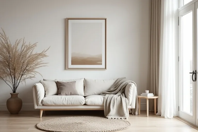 Scandinavian living room with light wood floor, linen sofa, and neutral decor
