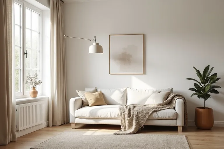 A calm Scandinavian living room with neutral curtains, abstract wall art, light wood furniture, and soft natural light