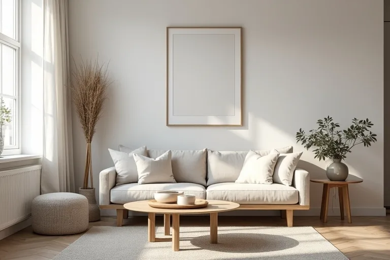 Calm Scandinavian room with simple decor, light wood furniture, and natural textures