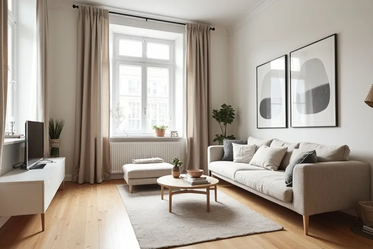 A pared-back Scandinavian room with light wood, pale walls, and simple natural textures