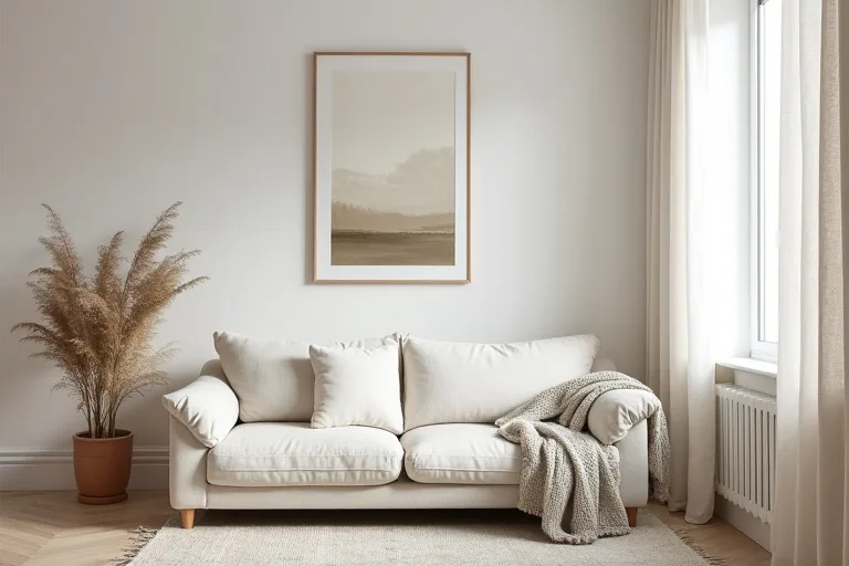 Bright Scandinavian living room with linen curtains and neutral abstract wall art