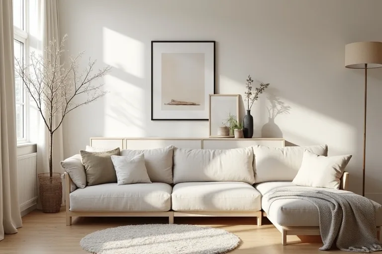 A Scandinavian room with linen curtains, soft texture, and neutral wall art used as simple finishing layers