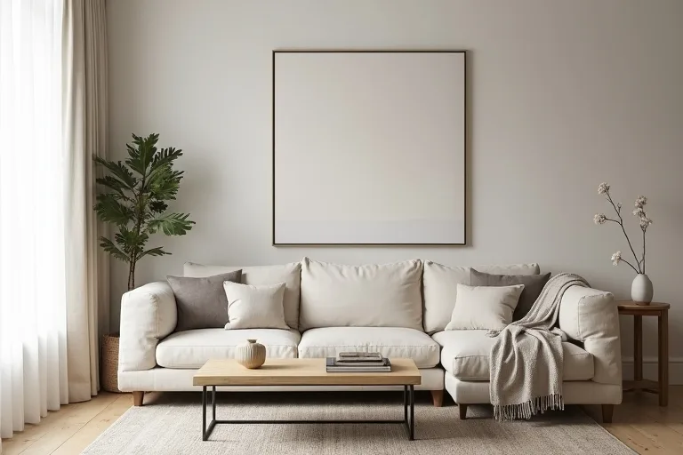Simple Scandinavian living room layout with open space, light wood, and soft daylight