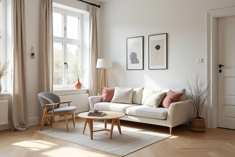 A simple Scandinavian living room layout with practical furniture spacing and soft neutral finishes