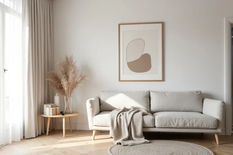 Calm Scandinavian room layout with simple furniture and neutral window treatment