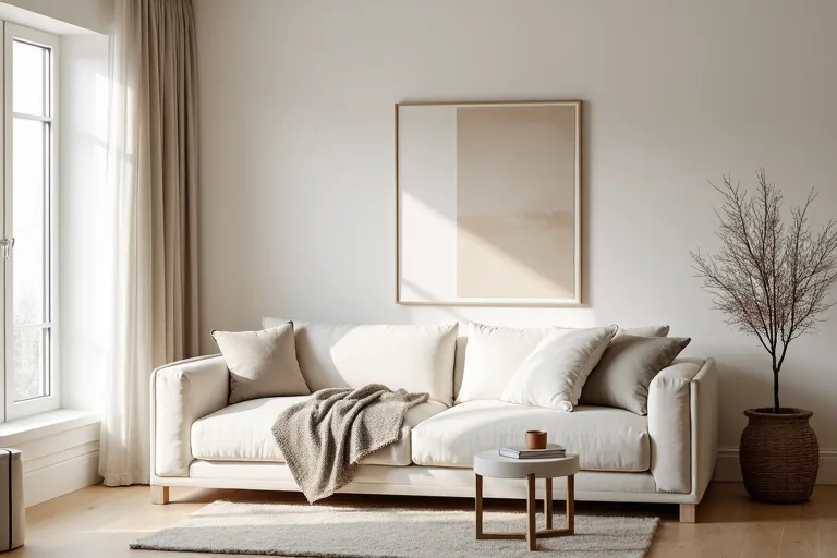 A bright Scandinavian seating area with light wood, soft neutrals, and a simple functional layout