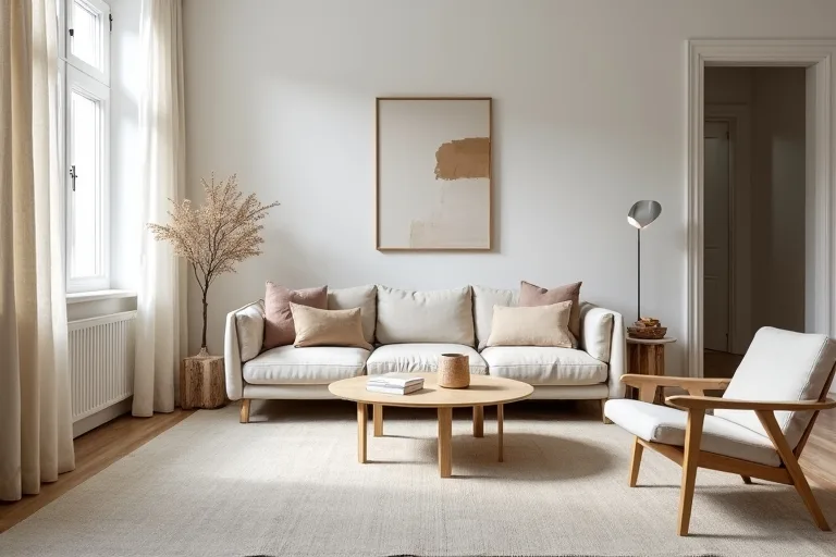 Scandinavian interior with layered neutral textures, linen curtains, and a framed abstract artwork