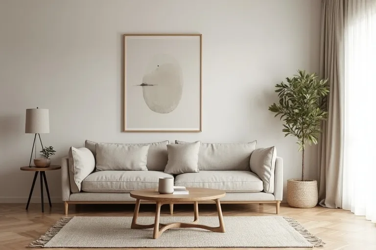 A calm Scandinavian living room with neutral linen curtains and framed abstract wall art in a bright, practical home setting
