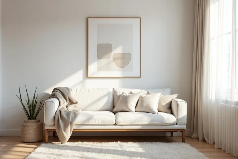 Neutral Scandinavian wall styling with simple framed art and soft natural light