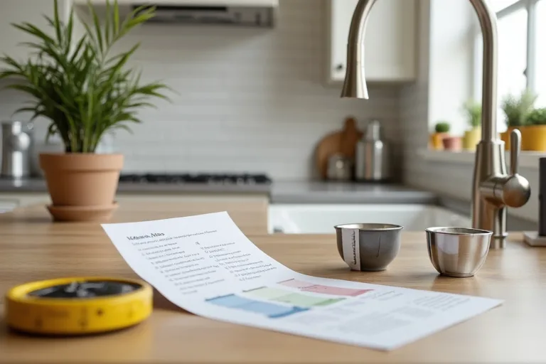 Kitchen planning materials on a countertop, including paint swatches, a ruler, and sample hardware for a budget-friendly update.