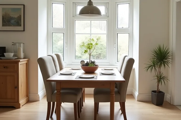 A calm dining room with a wooden table and simple styling that supports practical purchasing decisions.
