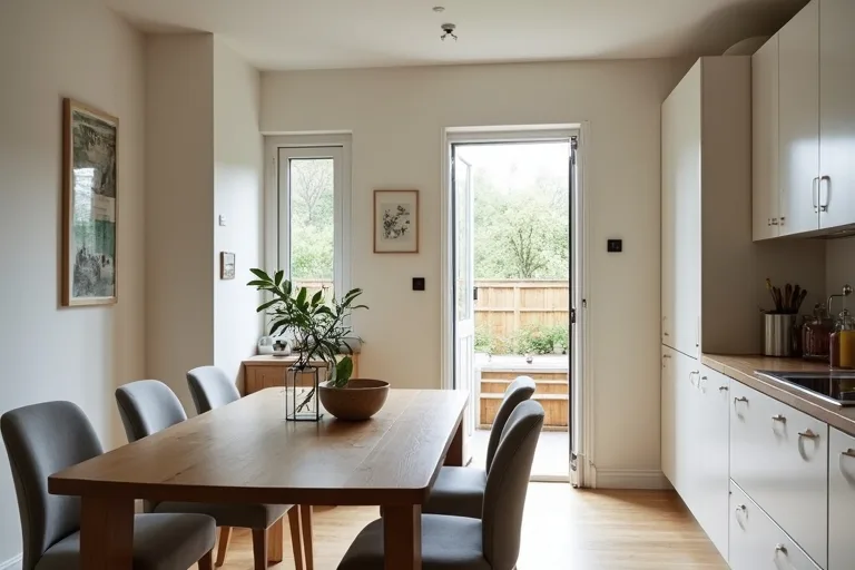 A calm kitchen dining area with a wooden dining table and upholstered chairs, showing comfortable spacing and easy room flow.