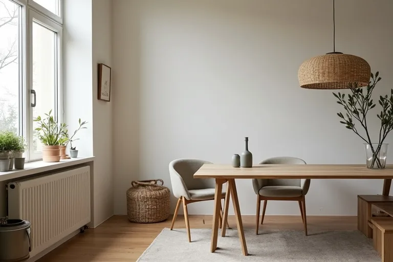A small dining room with a simple dining table and upholstered chairs in a calm, practical home setting